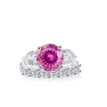 Luxurious 2-piece silver ring set with pink round moissanite and pear-shaped side stones - Size 5 / Multi-faceted Pink