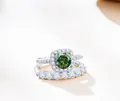 925 silver ring set featuring a 1.7ct round green moissanite with halo and pavé band - Dark Green