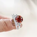Luxury 925 sterling silver ring set with red moissanite and round stacking band - Garnet Red