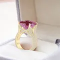 Luxurious 10x14mm pink gemstone ring in golden S925 silver with diamond accents - Size 5 / Pink