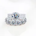 Luxury S925 silver moissanite ring set featuring halo main stone and eternity wedding band - Size 5 / 2-Piece Ring Set / White