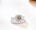 Champagne moissanite halo ring set in S925 sterling silver with eternity band - Original Yellow