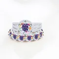 S925 sterling silver moissanite bridal set with rainbow round stone in golden finish - Size 5 / 2-Piece Ring Set / AB Color