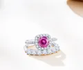 Elegant 925 sterling silver ring set with round pink moissanite and pave band - Pink with White Facet