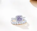 925 silver halo ring set with light purple moissanite stone and pave band - Light Purple