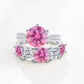 S925 sterling zilveren ringset met een schitterende roze ronde moissanite hoofdsteen - Roze