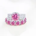 Silver S925 wedding ring set featuring round pink moissanite stones and halo design - Size 5 / 2-Piece Ring Set / Pink