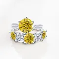 S925 zilveren ring set met 6,6ct gele moissanite en afwisselende pavé gezette band - Goudgeel
