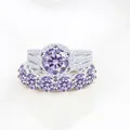 9CT Moissanite silver ring set with lavender center stone and pavé wedding bands - Size 5 / 2-Piece Ring Set / Light Purple
