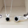 Parure bijoux en argent S925 avec collier de pierre noire et bague halo assortie - Noir