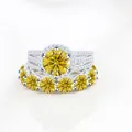 9CT yellow moissanite halo ring set in silver with pave band and matching eternity band - Size 5 / 2-Piece Ring Set / Gold Yellow
