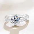 S925 Sterling Silver Moissanite Ring Set with V-shaped Band and Sparkling Solitaire - White
