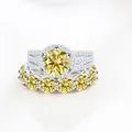 Exquisite silver ring set with large yellow moissanite center stone and pavé accents - Size 5 / 2-Piece Ring Set / Lemon Yellow