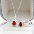 S925 sterling zilveren sieradenset met ketting en ring met rode ronde edelsteen - Granaatrood