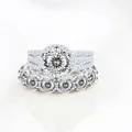 9CT Moissanite halo ring set with round brilliant diamonds in 925 sterling silver - Size 5 / 2-Piece Ring Set / White with White Facet