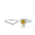 Set di anelli in argento S925 con fascia a V e moissanite gialla rotonda con halo - Giallo Oro