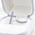 S925 sterling zilveren sieradenset met paarse moissanite kruis ketting en ring - Maat 5 / Lichtpaars