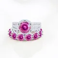 Gold-plated S925 silver ring set with large pink moissanite and halo stones - Size 5 / 2-Piece Ring Set / Pink with White Facet