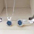 Parure bijoux en argent S925 avec collier moissanite bleue et bague halo - Bleu Royal Profond