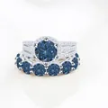 Silver S925 moissanite bridal set with round blue stone and halo pavé band - Size 5 / 2-Piece Ring Set / Royal Blue