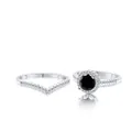 Set di anelli in argento S925 con fascia a V e anello halo con gemma nera tonda - Nero