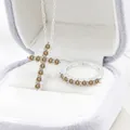 S925 sterling zilveren sieradenset met champagne moissaniet kruisketting en ring - Origineel Geel