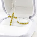 S925 zilveren kruis ketting en ring set met briljante gele moissanite stenen - Goudgeel