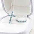 S925 sterling zilveren sieradenset met lichtblauwe moissanite kruis ketting en ring - Origineel Blauw