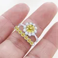 Halo S925 silver ring set with yellow moissanite and matching pavé guard band - Lemon Yellow