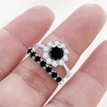 S925 sterling silver ring set with halo black gemstone and matching eternity band - Black