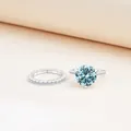 Elegante 925 sterling zilveren ringset met 3ct blauw-groene moissanite en pavé band - Origineel Blauw