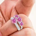 Conjunto de anillos de plata 925 con piedras moissanita rosa y banda de pavé - Rosa
