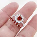 S925 silver halo ring set with red round center stone and matching eternity band - Garnet Red