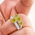 Conjunto de anillos de plata 925 con piedras redondas amarillas y pavé - Amarillo Dorado