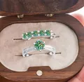 S925 zilveren moissanite ring set met solitaire en pavé band in een houten juwelendoos - Maat 5 / Ring Tweeledige Set / Teal