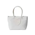 White nylon tote bag featuring a leather heart patch with a smiley face design - White