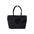 Mini black nylon tote bag featuring a cute heart-shaped patch with eye-like embroidery - Black