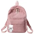 Pink corduroy backpack detail showing texture with cute plush bear charm hanging on side - With Bear Pendant / Pink