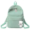 Close-up of mint green corduroy backpack with front pocket and plush bear pendant - With Bear Pendant / Light Green