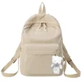 Minimalist beige corduroy backpack with large capacity and cute plush bear charm - With Bear Pendant / Tan