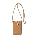 Mini light brown crossbody phone bag with artificial pearl buckle and pleated texture - Tan