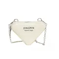 Chic beige triangular patent leather crossbody bag with metallic chain and zipper - White