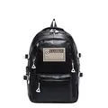Modern black soft PU leather backpack with fashion label and large capacity storage - Black