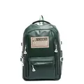 Large dark green PU leather backpack with fashion label and front zip pocket - Green