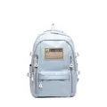 Light blue soft PU leather backpack with multiple zipper pockets and white buckle details - Blue