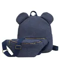 Blue denim Mickey-style backpack set with matching crescent waist bag and gold zippers - Backpack / Navy Blue