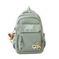 Zaino scolastico verde chiaro minimalista con badge decorativi e ciondolo carino - Verde