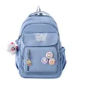Light blue nylon student backpack with cute plush charms and cartoon badges - Blue