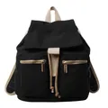 Mochila tipo cubo en lona negra con correas beige y cremalleras de metal dorado - Negro