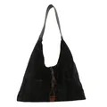 Large capacity black velvet tote bag with bamboo pattern embossing and resin charm - Black